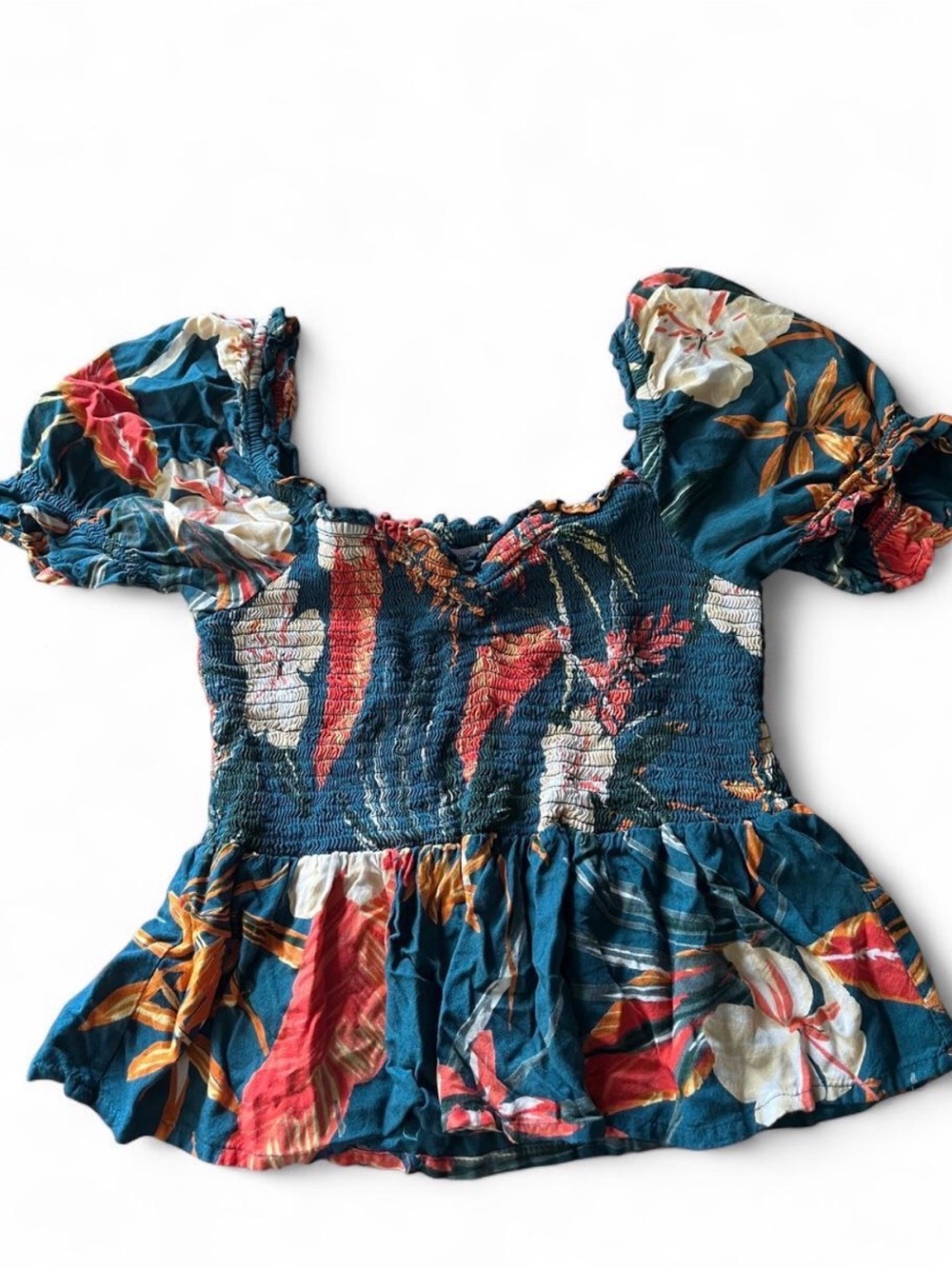 Patrons of Peace Teal Floral Smocked Peplum Top Small
